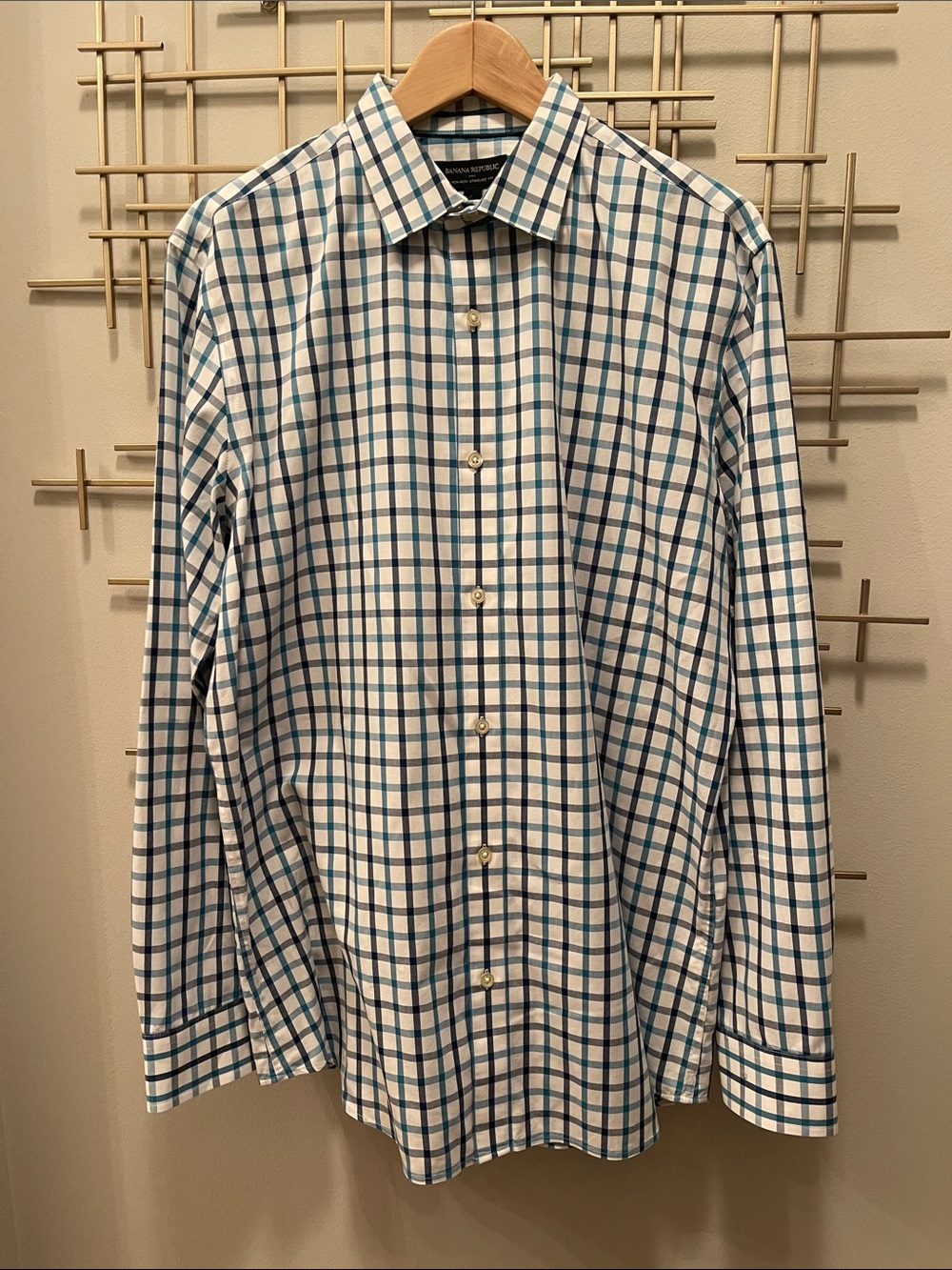 Banana Republic White and Teal Plaid Dress Shirt